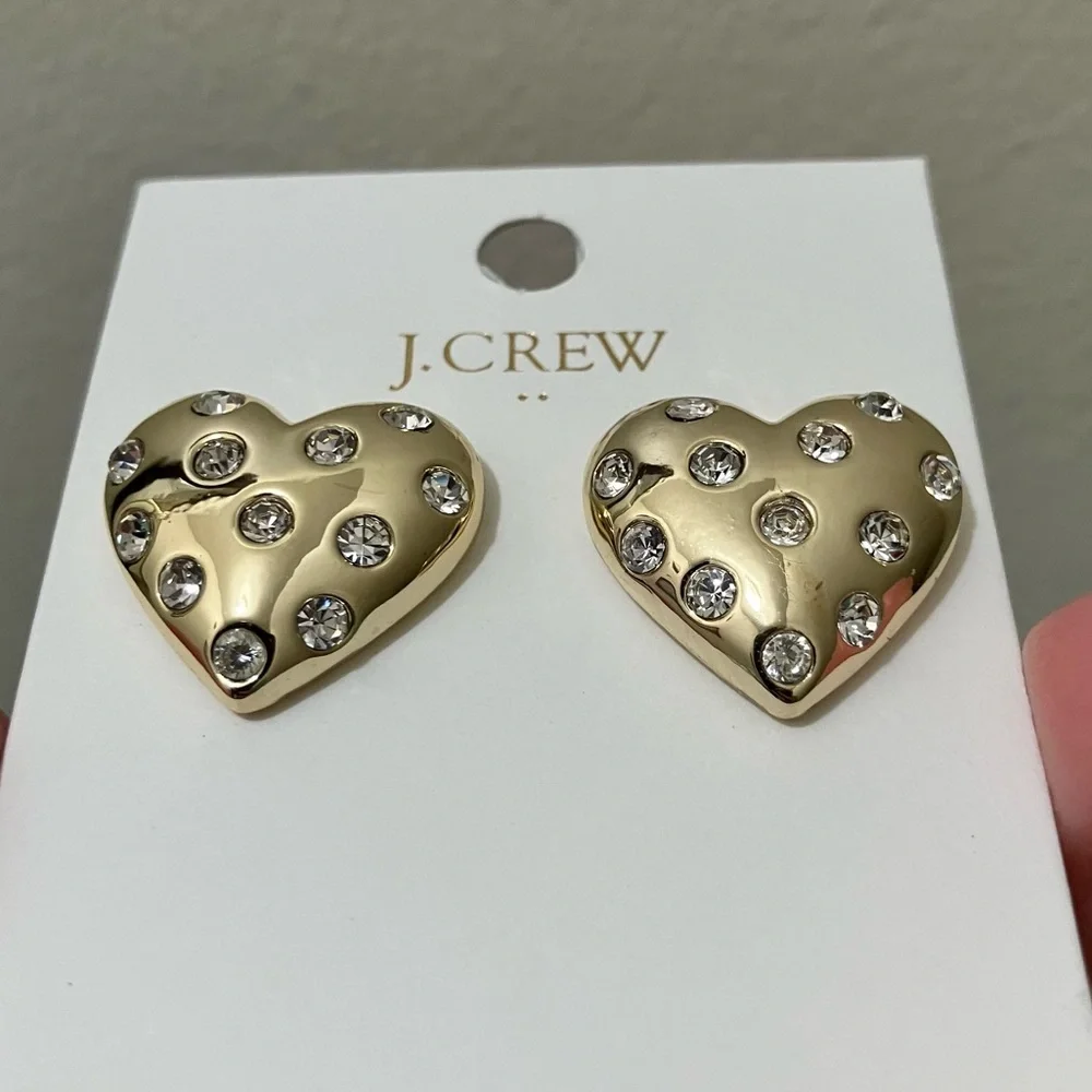 NWT J. Crew Pavé Puffy Heart Bauble Earrings Preppy Pave Crystal Gold Factory OS